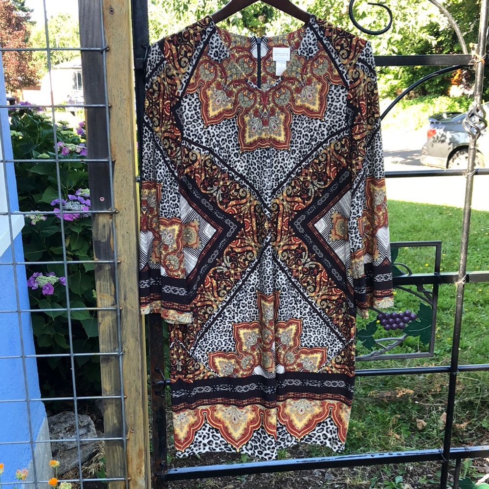 Chico’s long sleeve paisley and animal print dress size 1/8